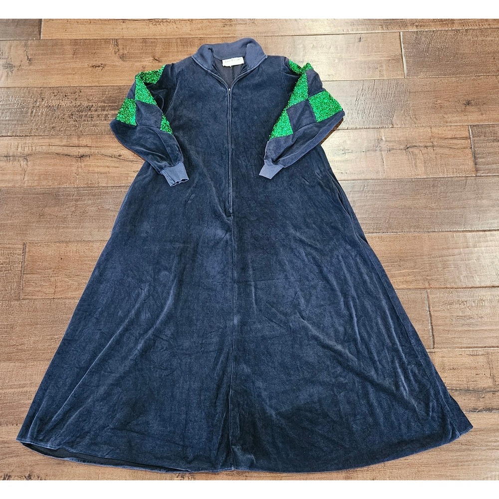 RARE Vintage David Brown California Velour Maxi Robe Green Tinsel Harlequin M‎